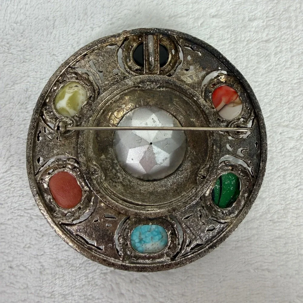 Miracle Vintage‎ Celtic Brooch Red Glass Multi Stone Silver Tone Scottish Pin